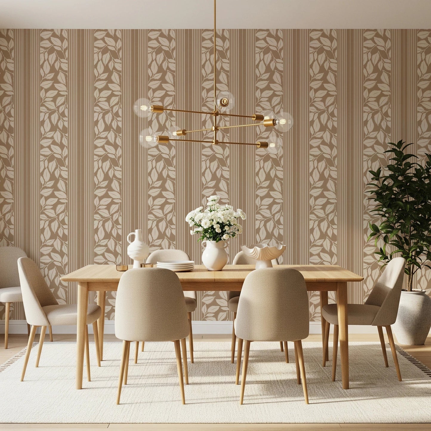 Dining area showing Vintage Trailing Foliage Tan Wallpaper in warm neutral tones