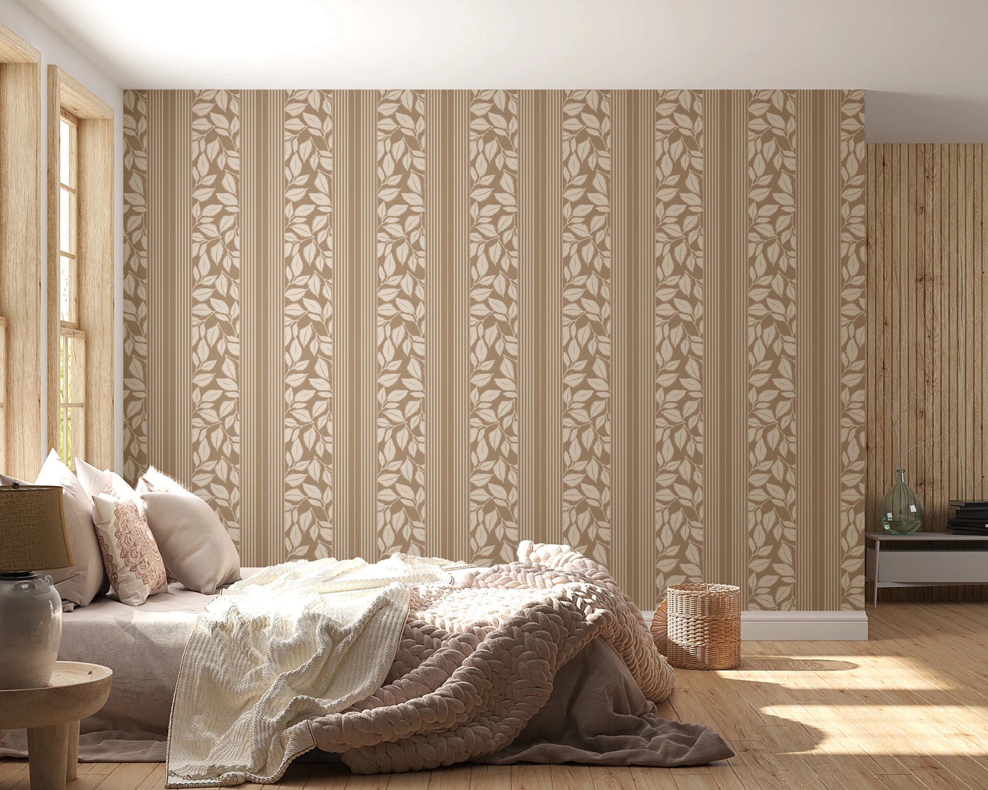 A neat botanical pattern appears in Vintage Trailing Foliage Tan Wallpaper