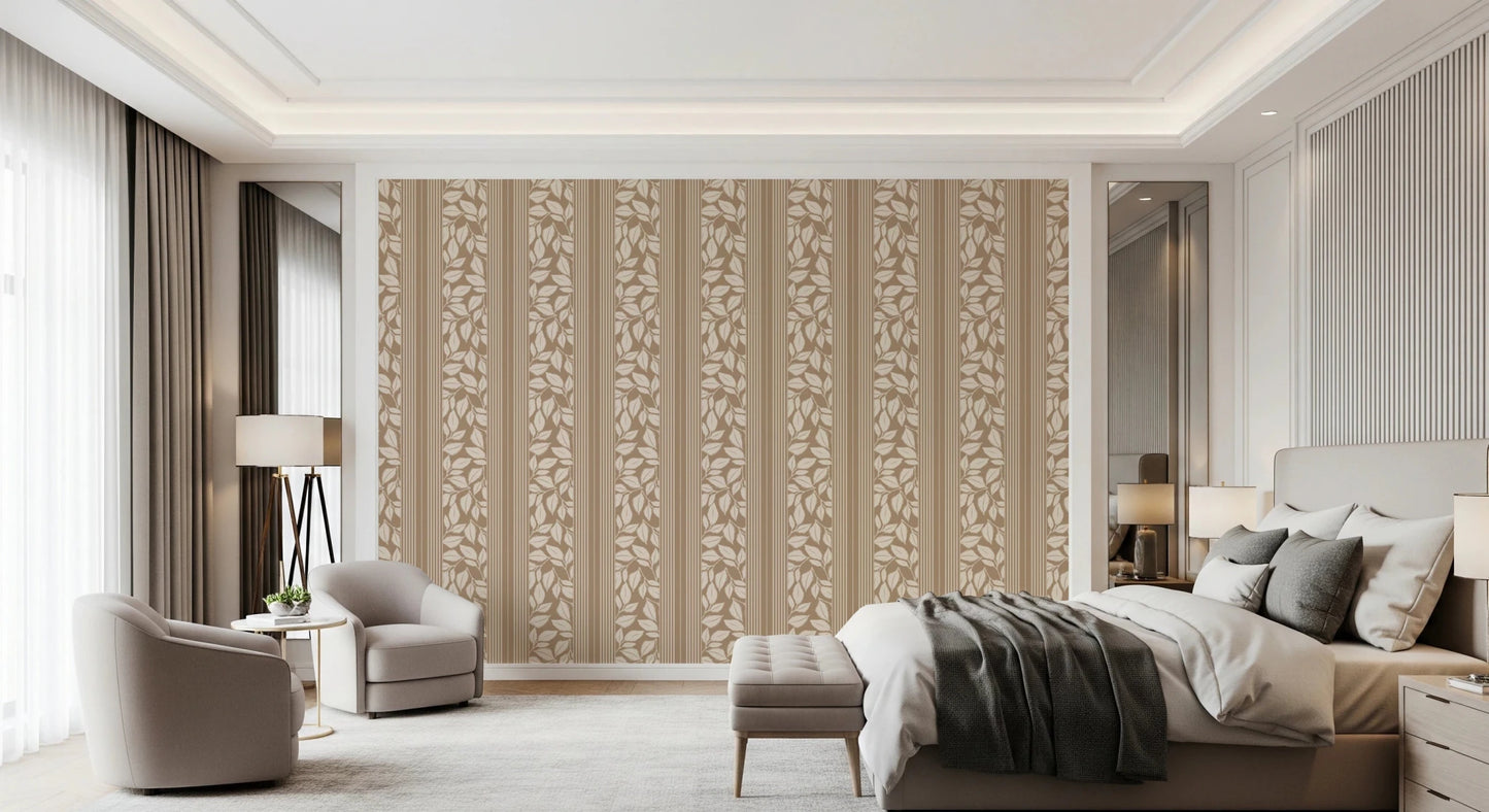 Bedroom styled in Vintage Trailing Foliage Tan Wallpaper with soft stripes