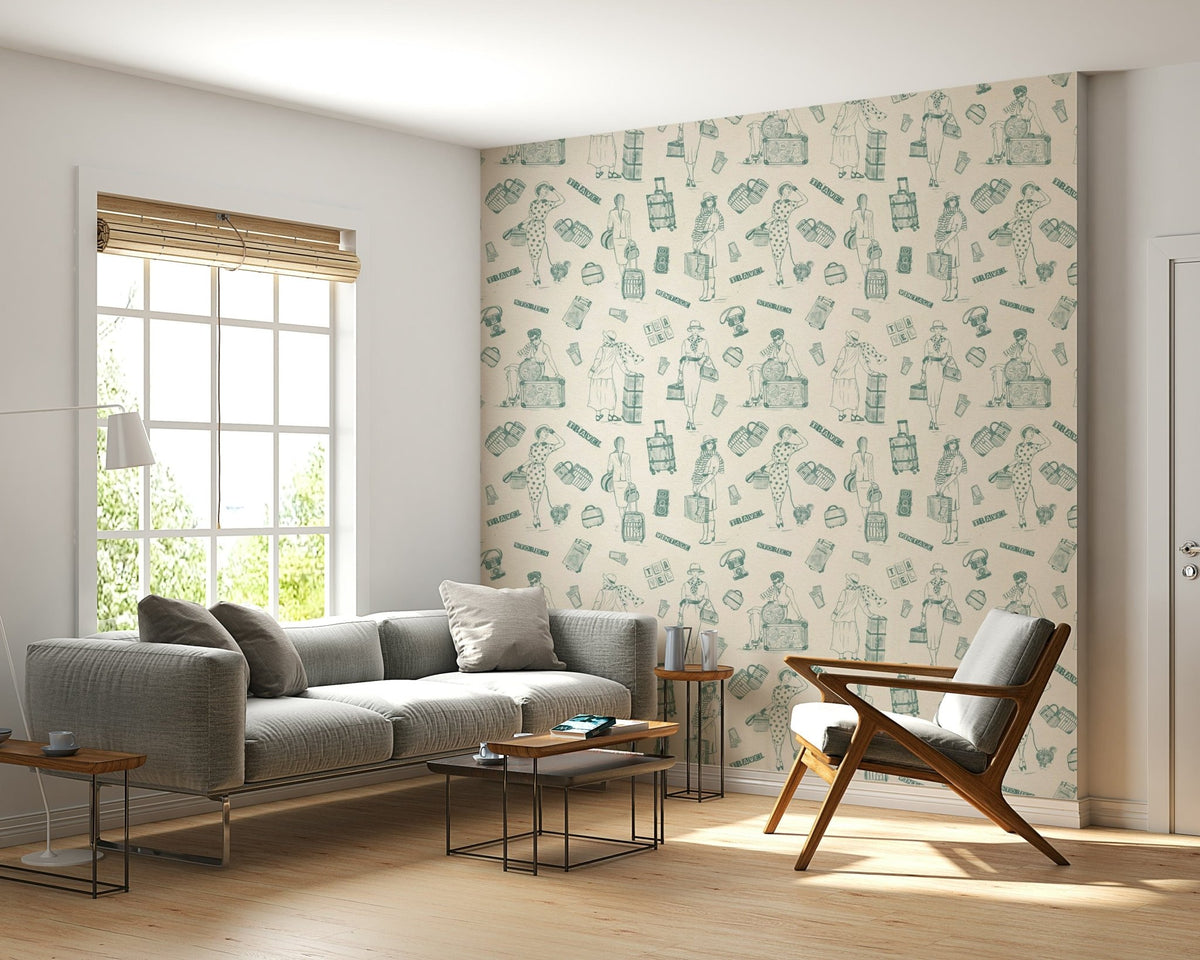 Vintage Travelogue Wallpaper wall mural with women and bags., GD6642