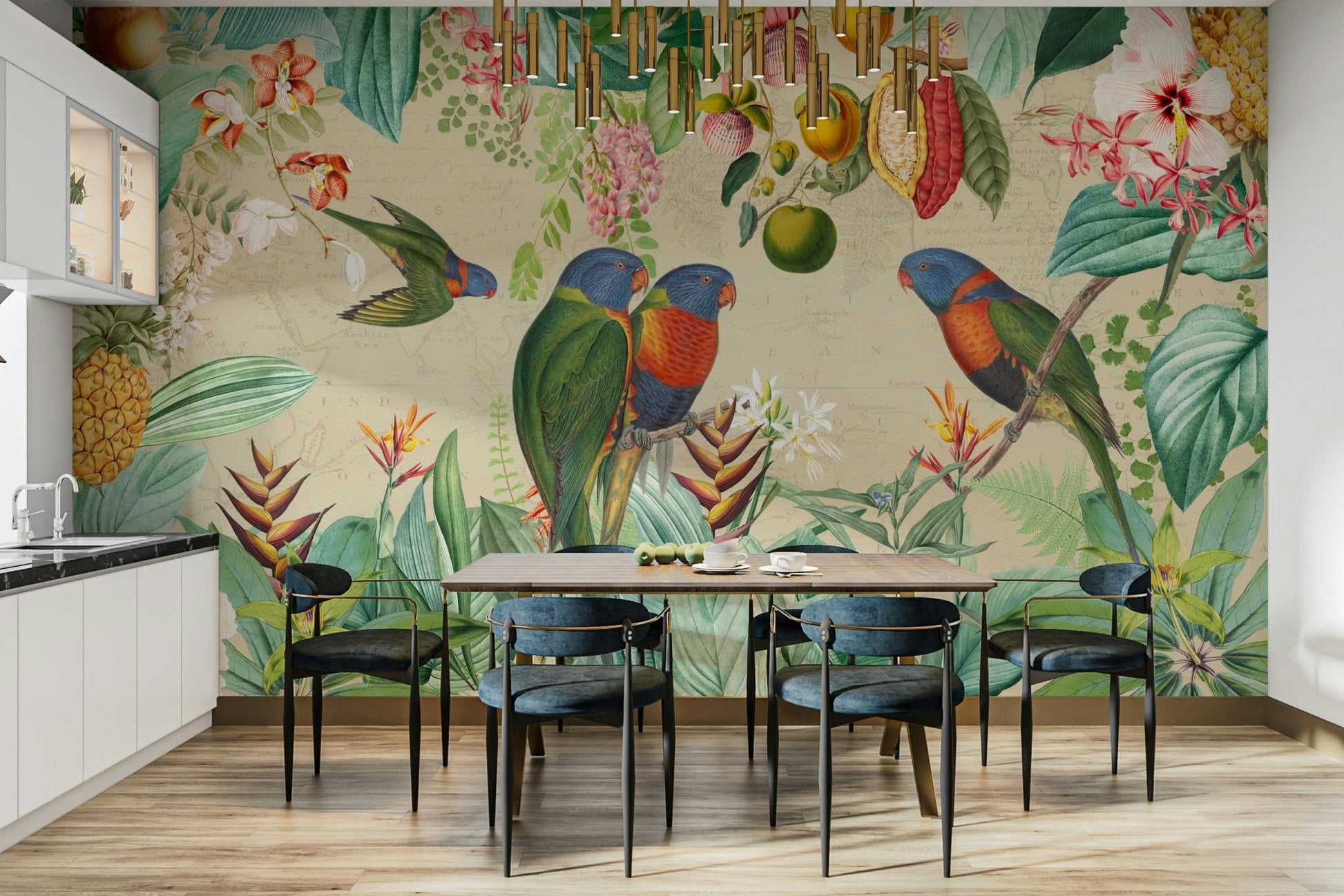 Lush jungle mural with tropical leaves and vintage vibe.

