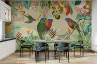Lush jungle mural with tropical leaves and vintage vibe.

