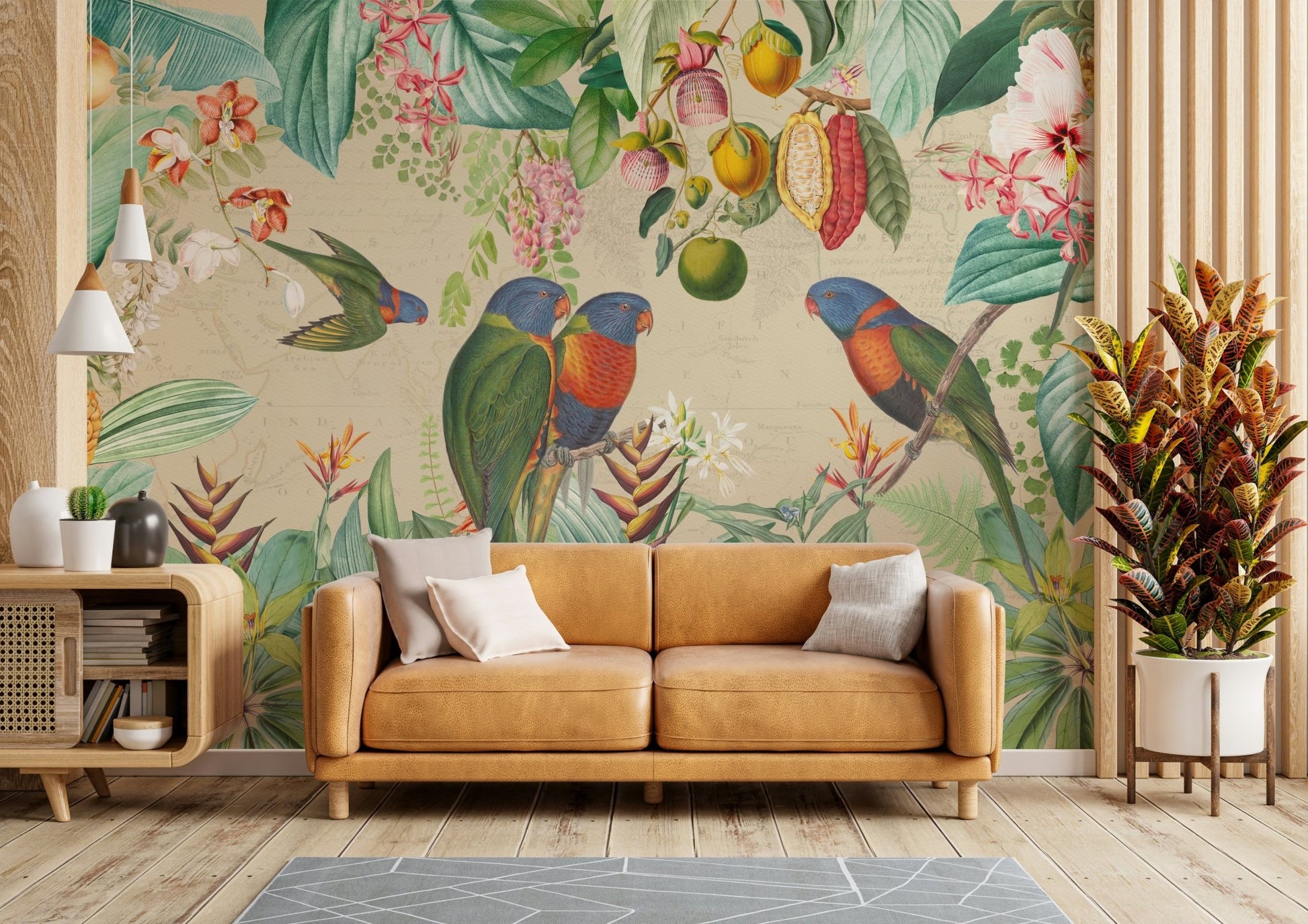 Vintage tropical mural with lush greenery and animals.


