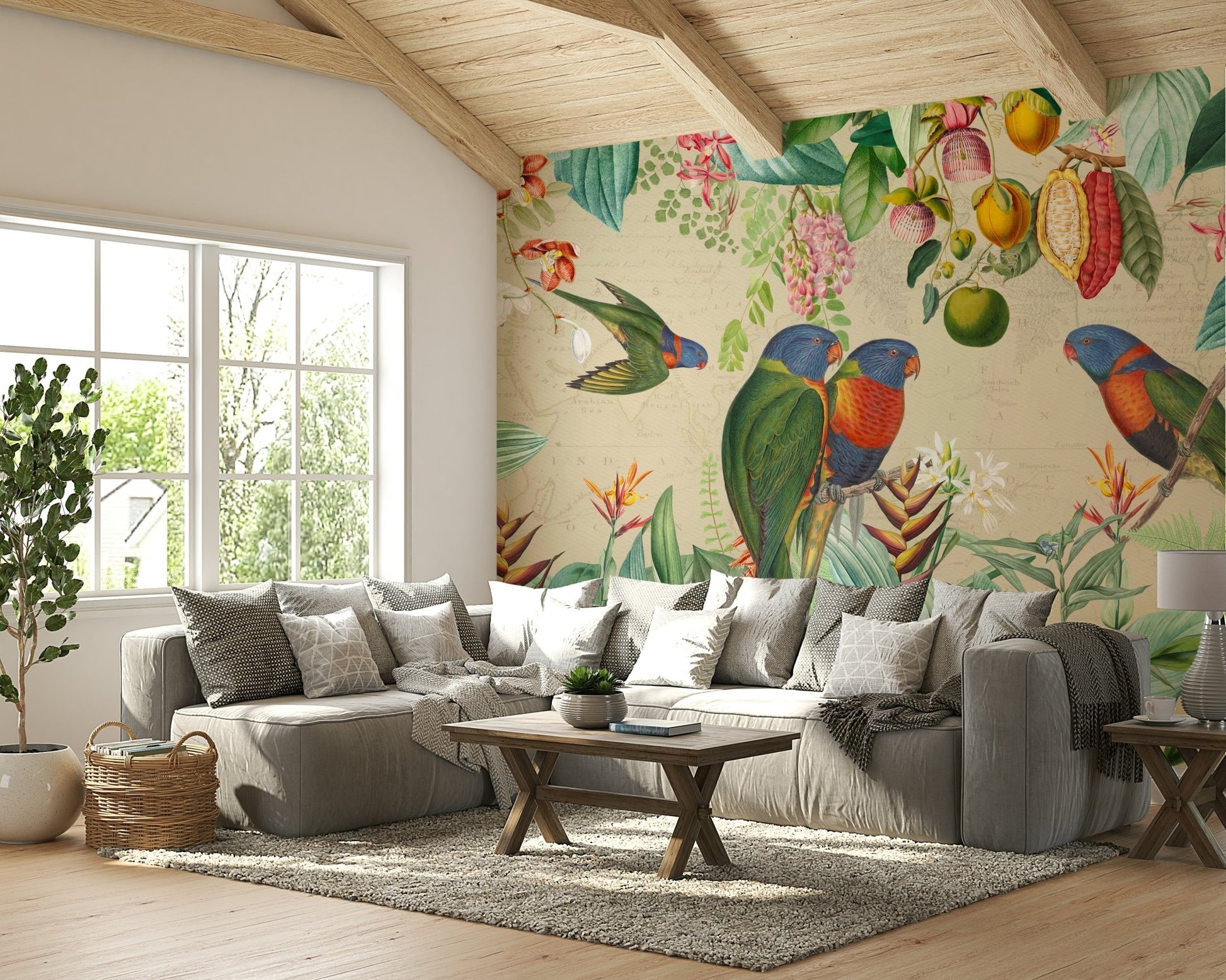 Adventure-packed tropical wall mural for cozy rooms.

