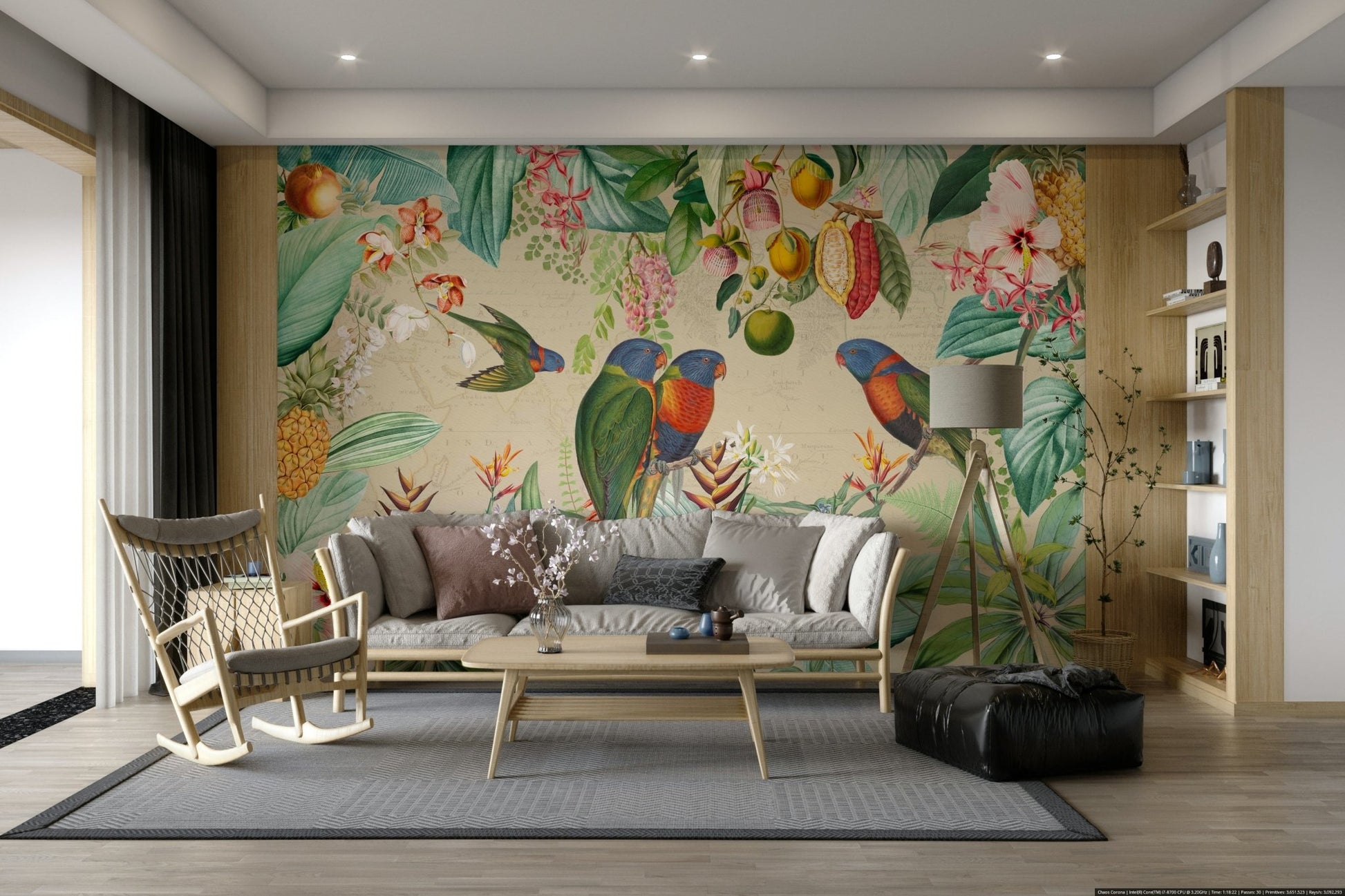 Vintage tropical mural featuring lush landscapes and fauna.

