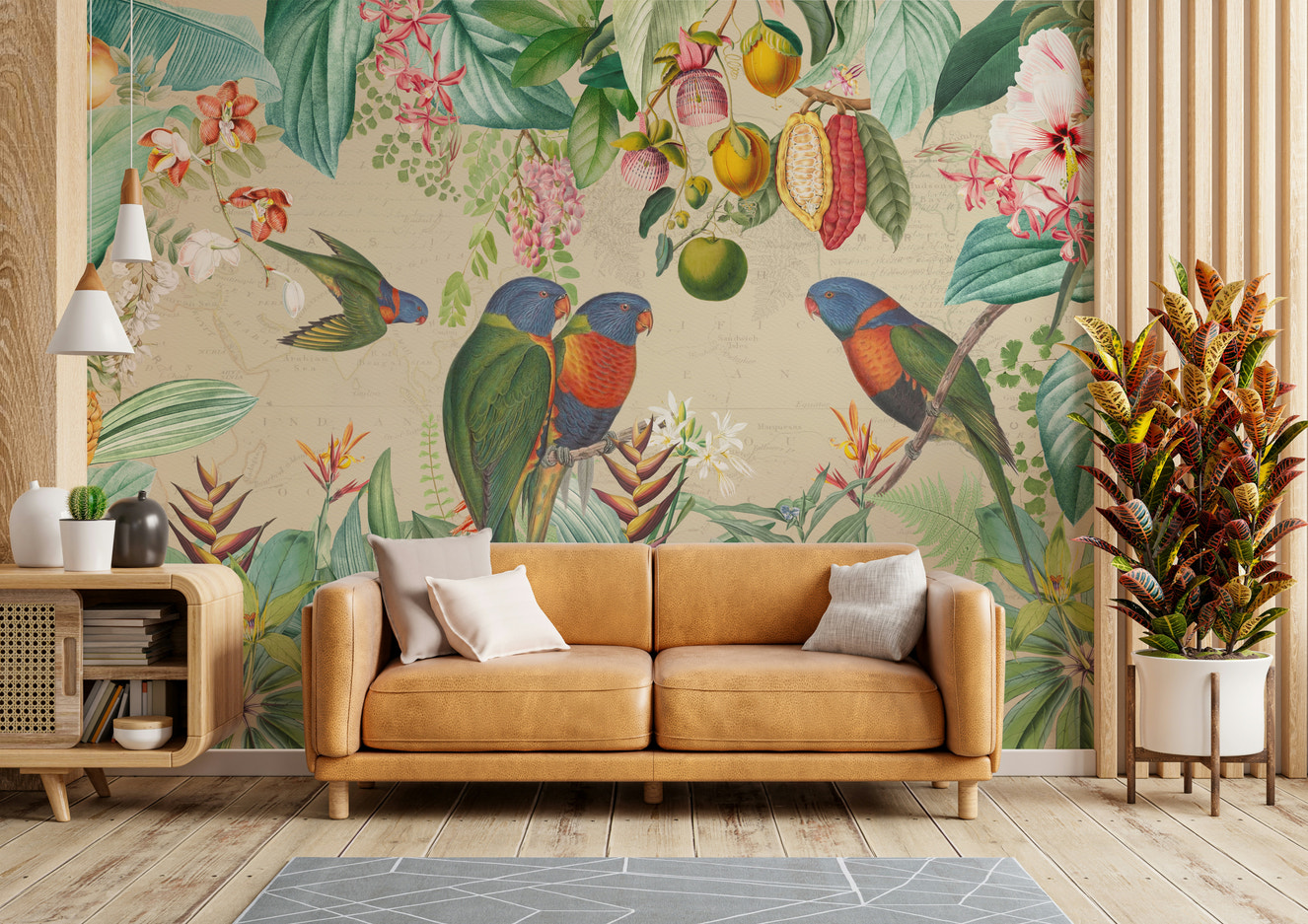 Vintage tropical mural with lush greenery and animals.

