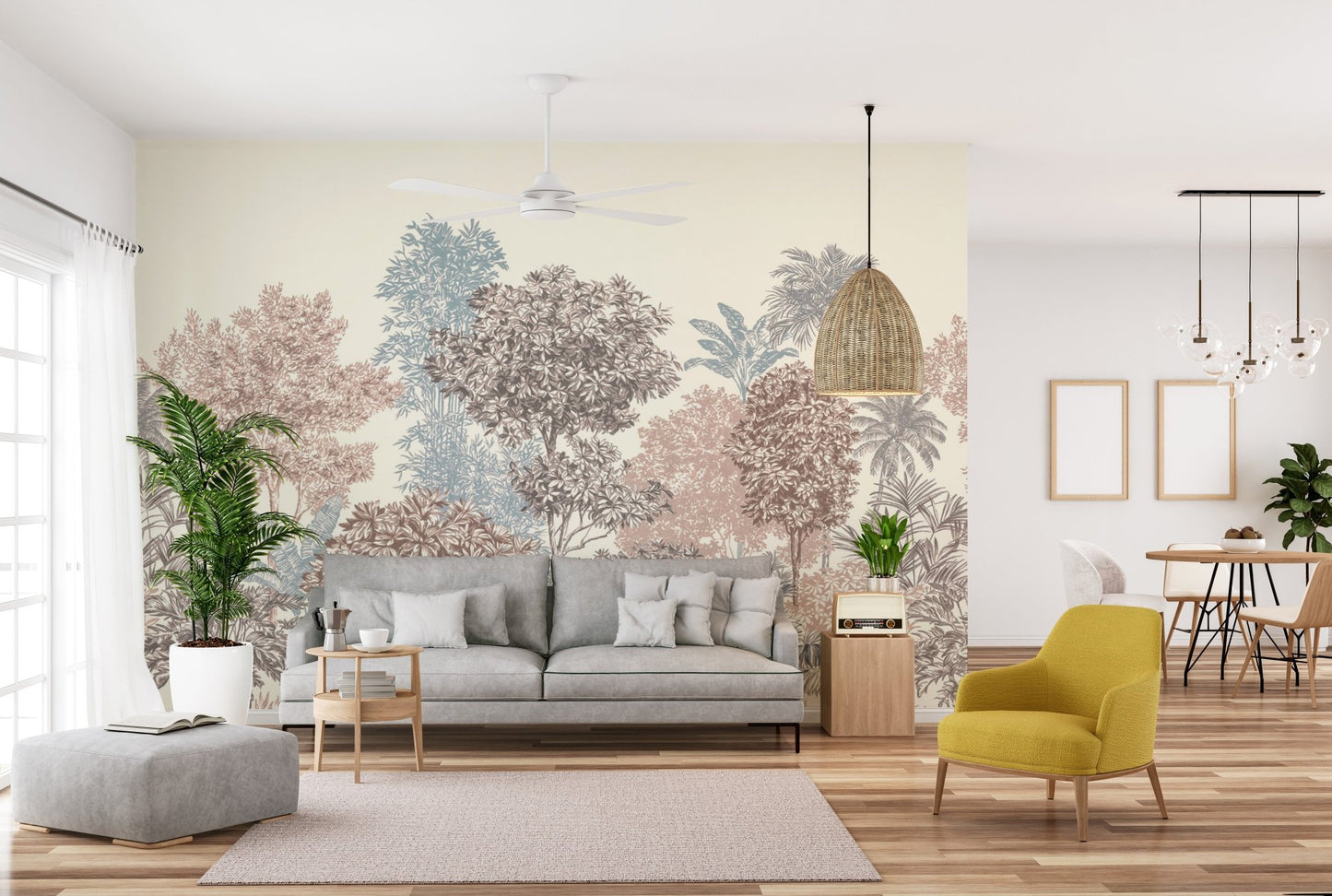 Earth-toned botanical forest mural
