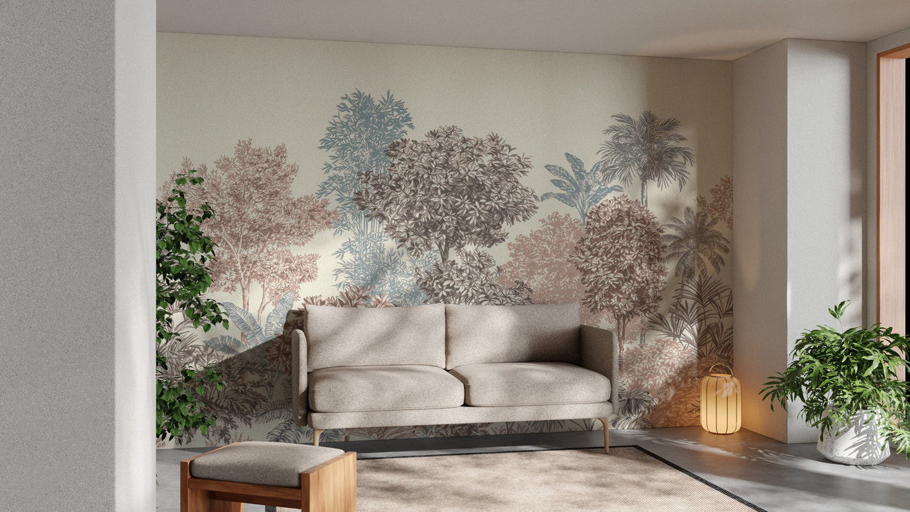 Antique-style forest wallpaper mural
