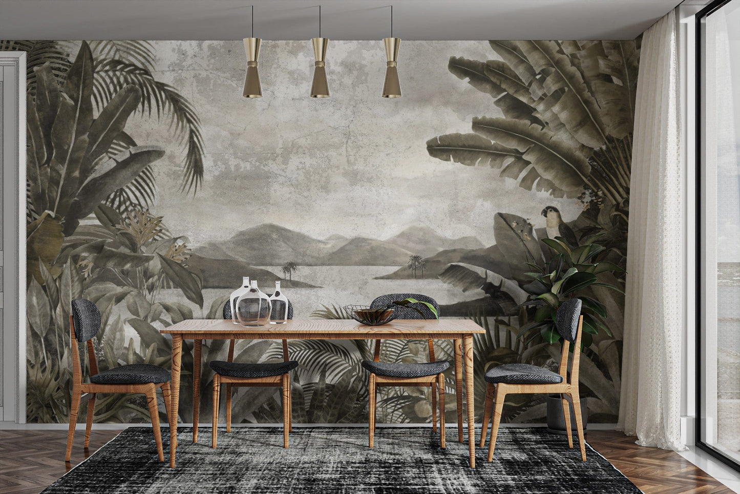 Serene jungle wallpaper with parrots