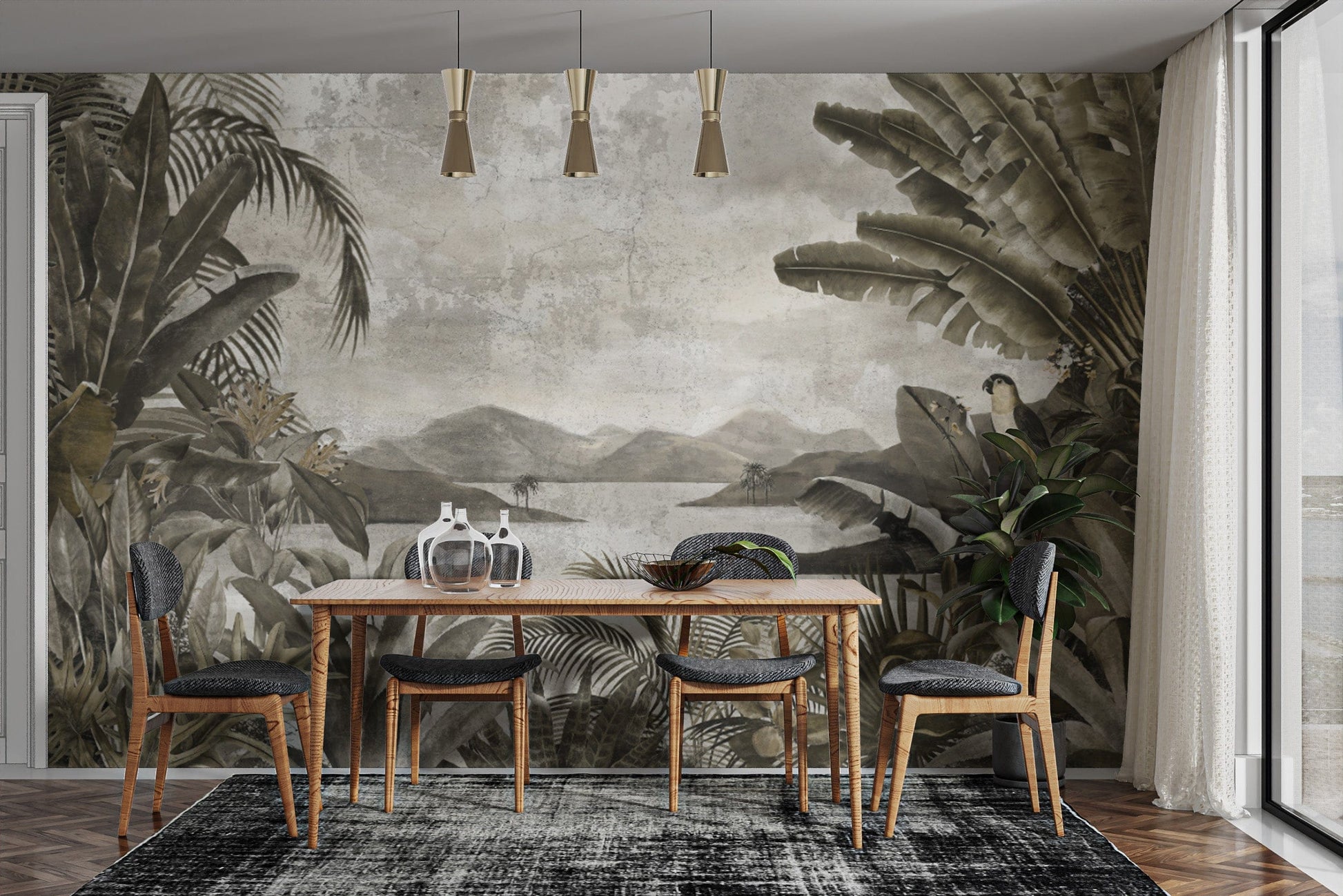 Serene jungle wallpaper with parrots