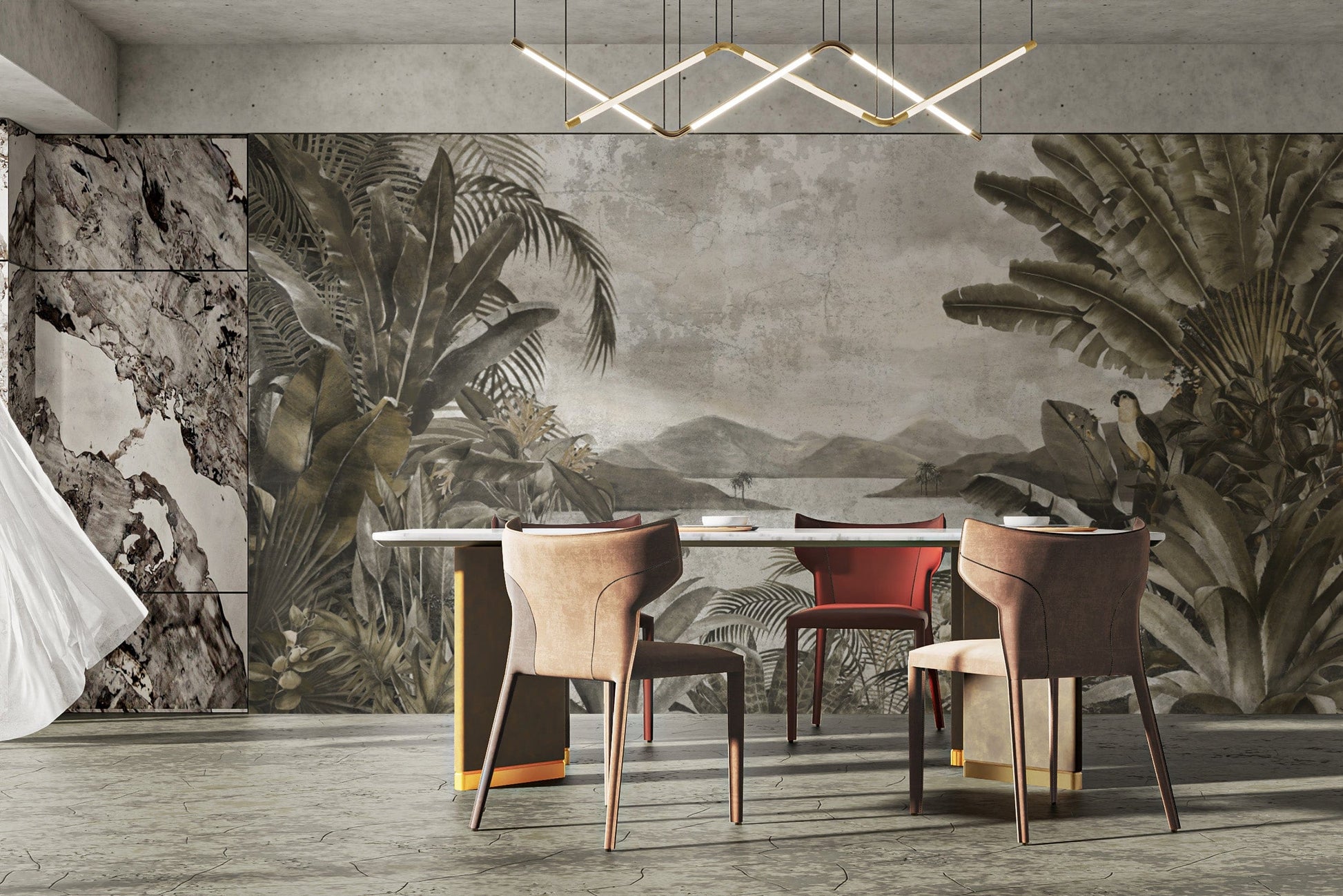 Muted tropical mural with rainforest scene
