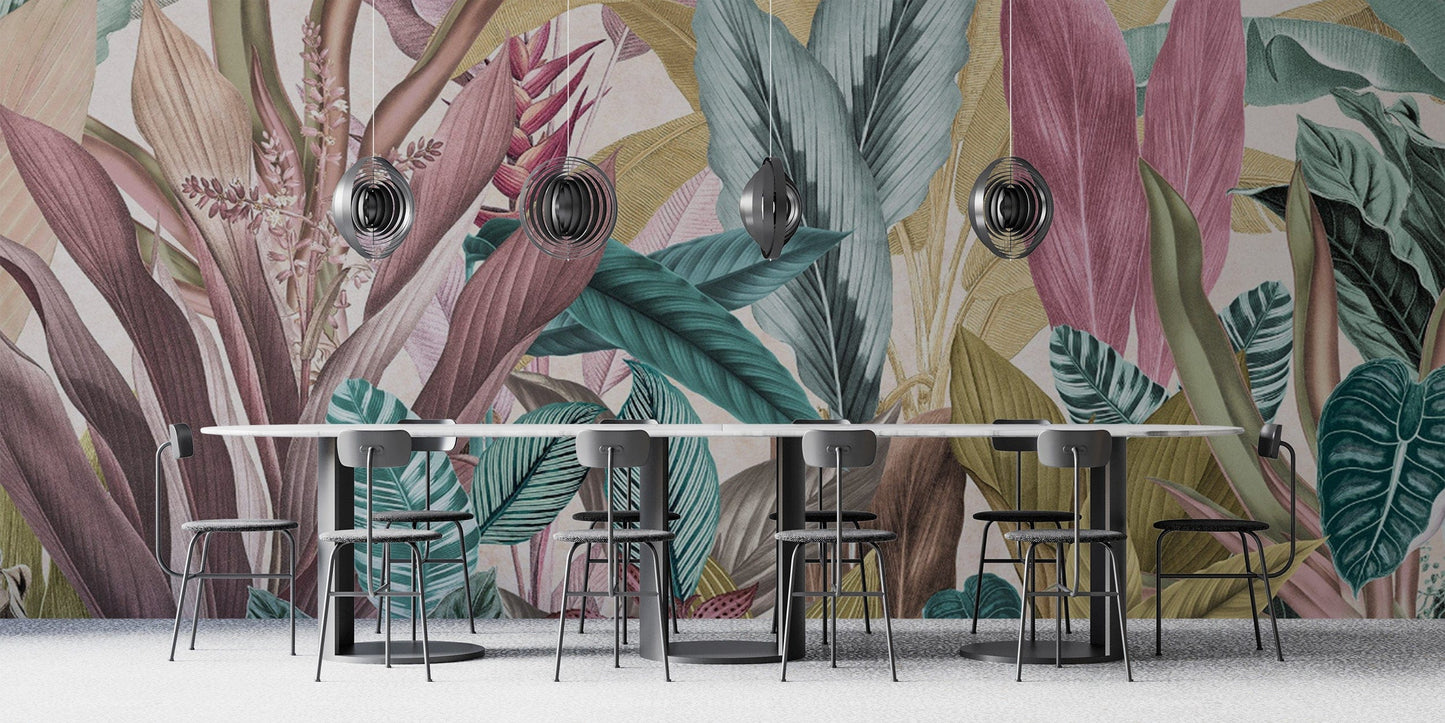 Muted tone tropical leaf wall covering
