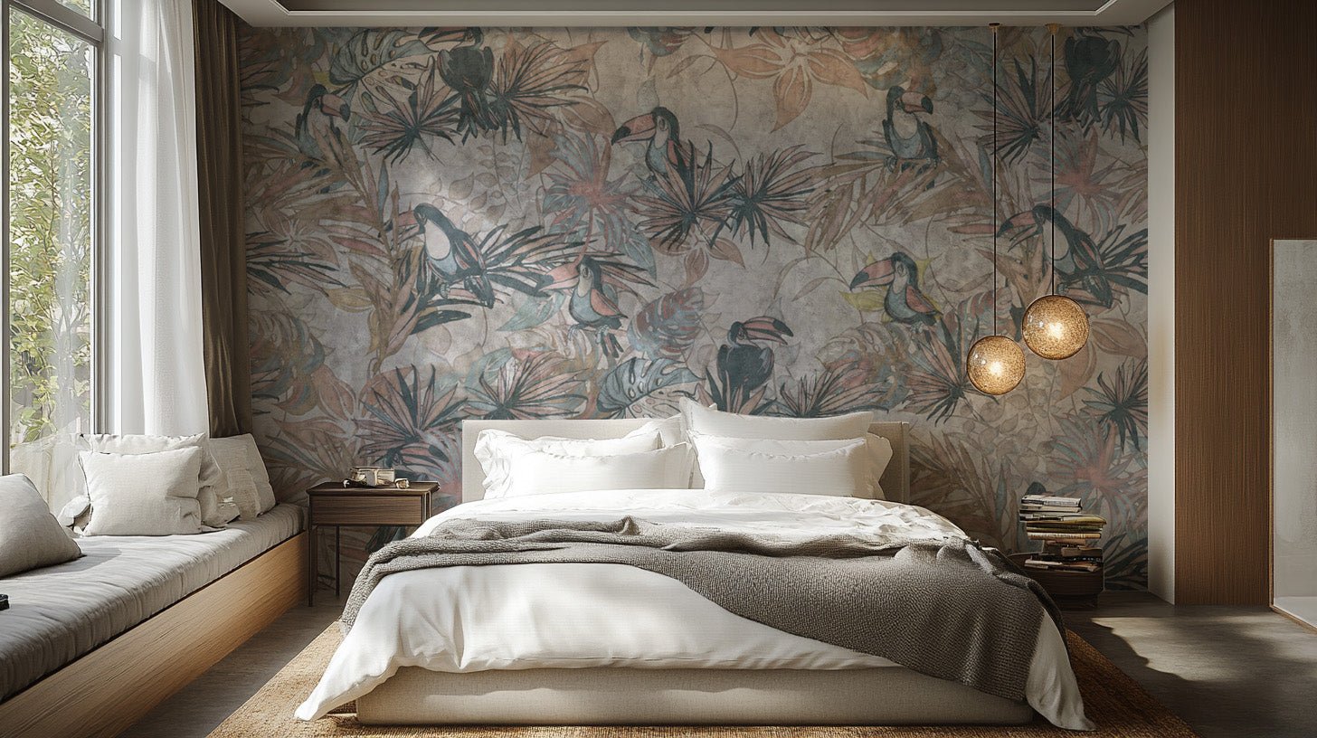 Artistic toucan and palm leaf wallpaper
