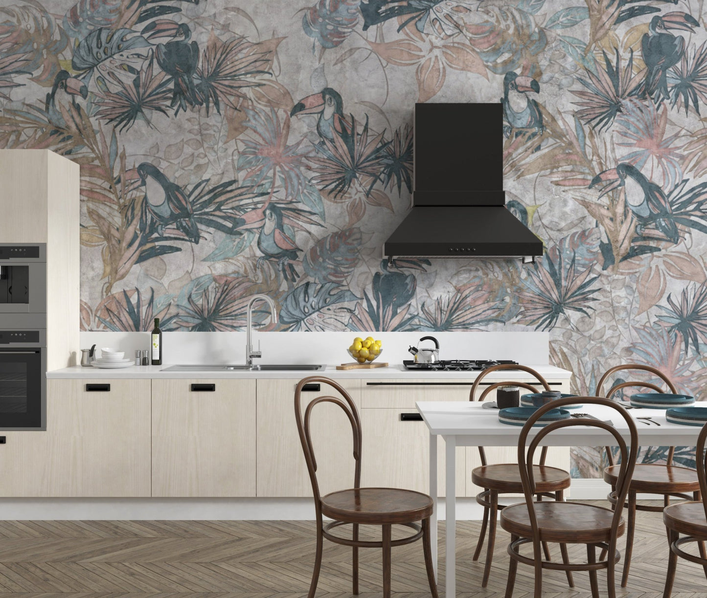 Exotic toucan wallpaper with palm leaves
