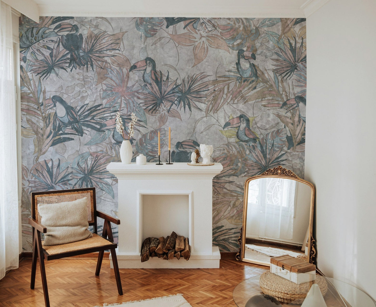 Hand-drawn toucan and foliage design
