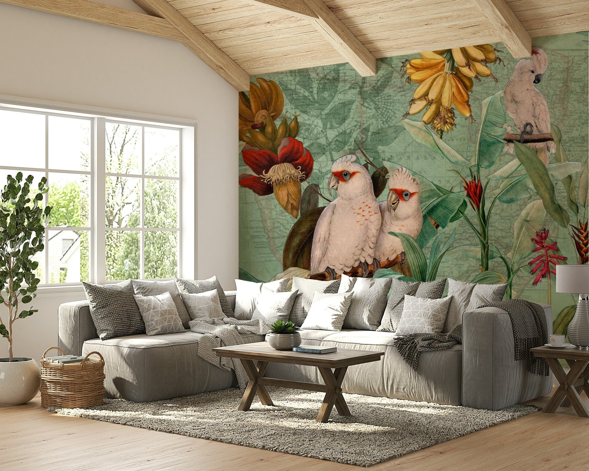 Vintage tropical voyage wall mural with palm trees, GD1267