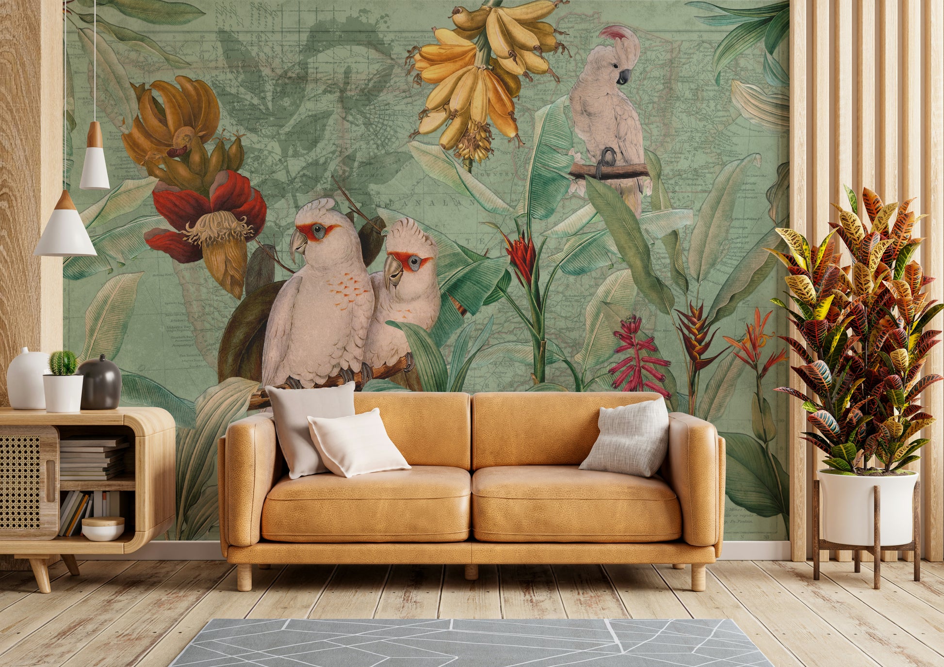 Nostalgic tropical mural with sea and palm motifs

