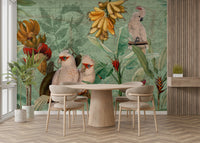 Retro style tropical wall mural featuring exotic plants

