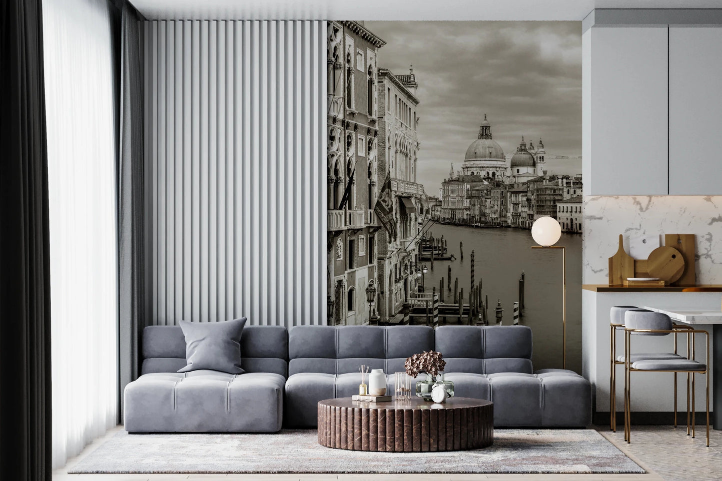 Vintage Venice Mural with striped poles and riverside detail, GD8754