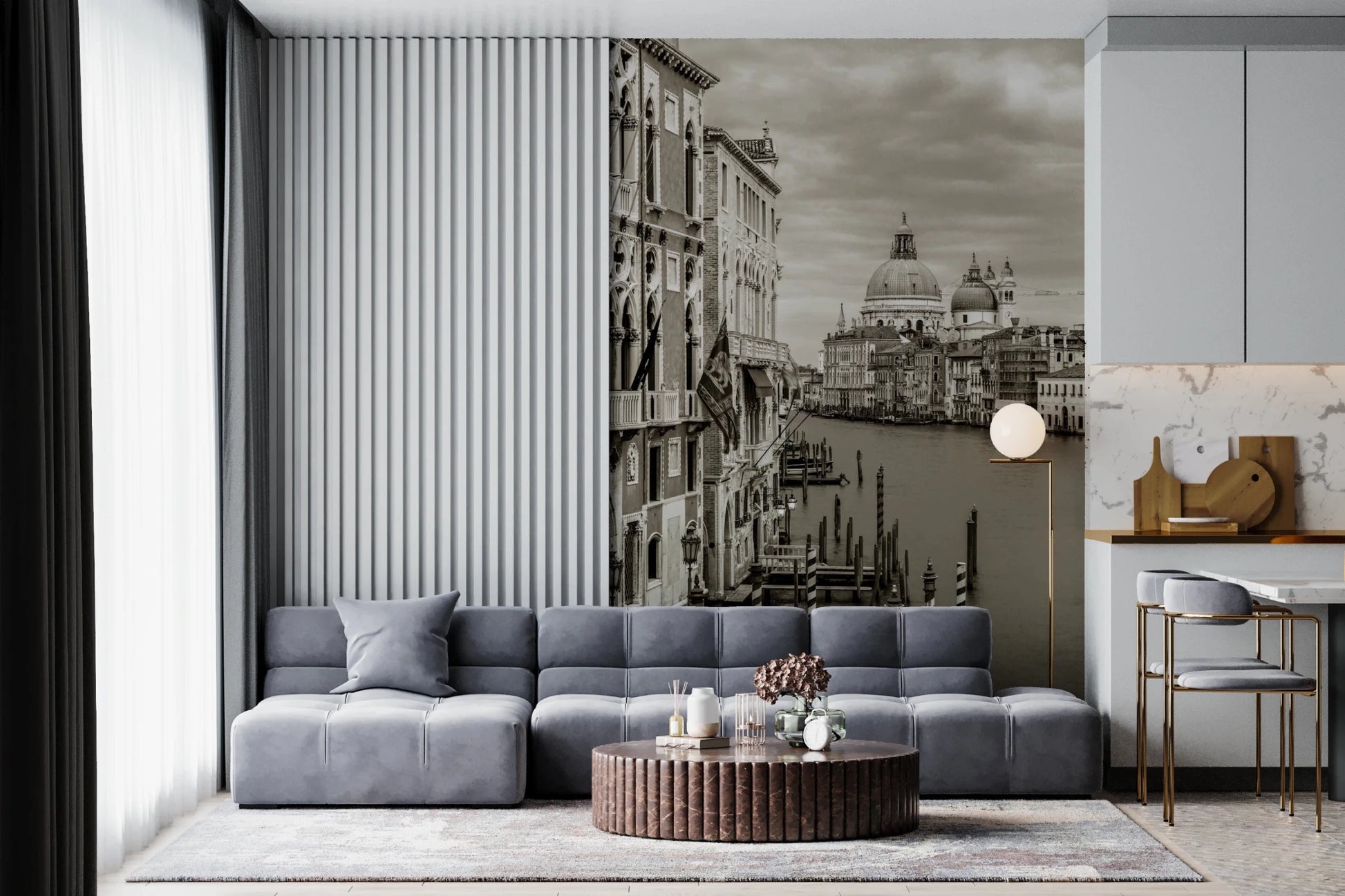 Vintage Venice Mural with striped poles and riverside detail, GD8754