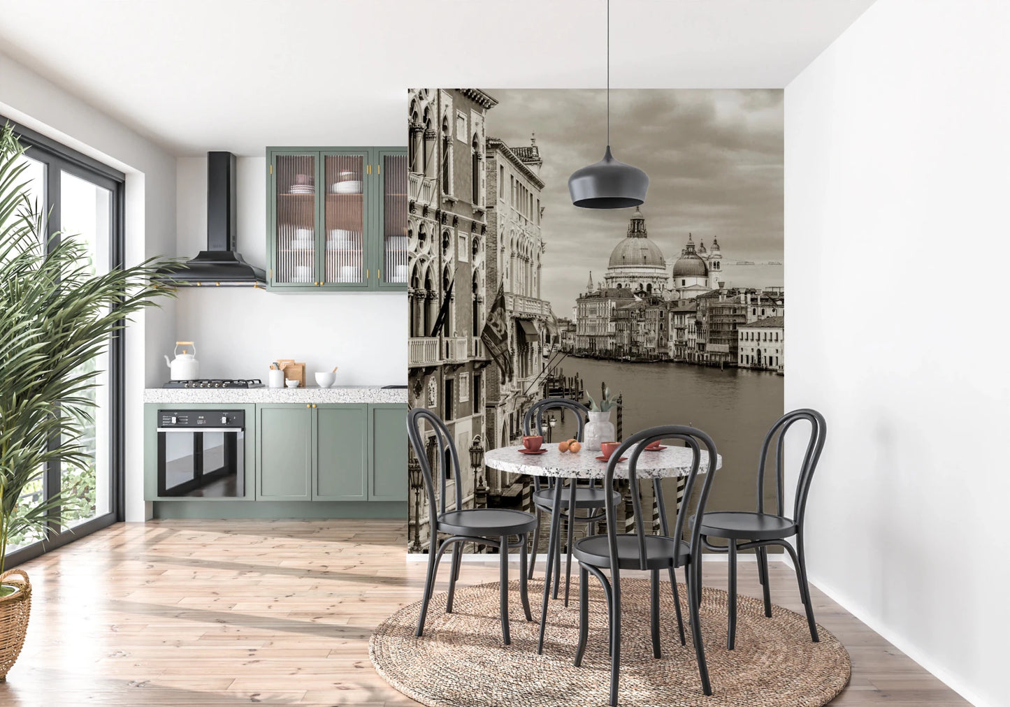 Dining area styled in Vintage Venice View Wall Mural sepia scene, GD8754