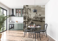Dining area styled in Vintage Venice View Wall Mural sepia scene, GD8754