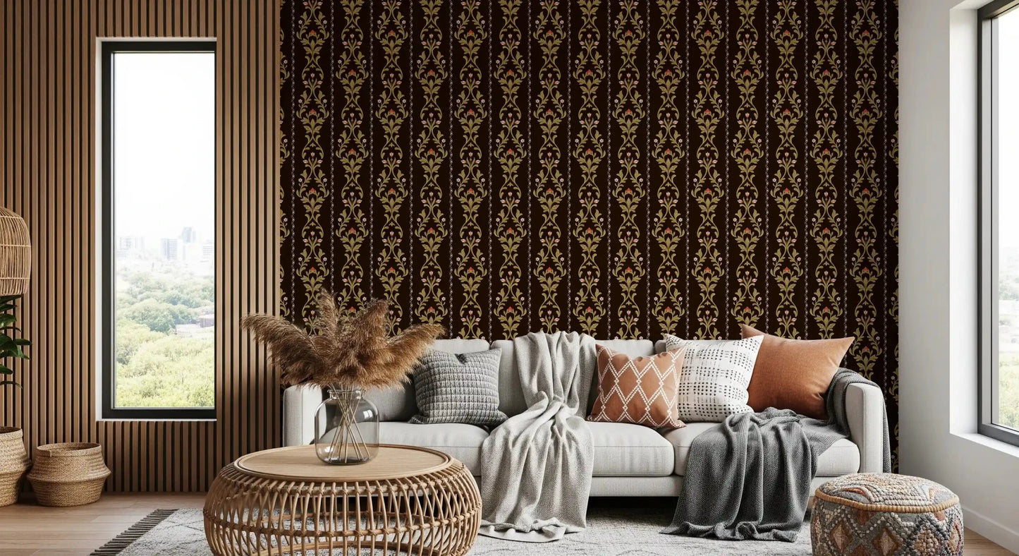 Vintage Vine Wallpaper set across the wall in a light-filled neutral lounge