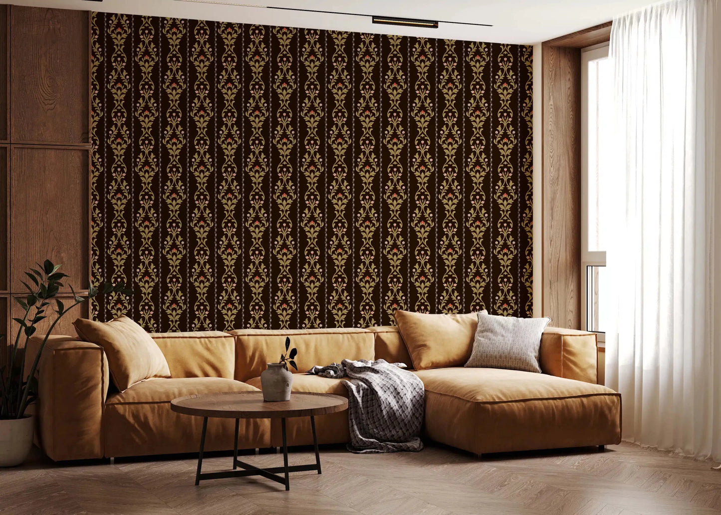 Brown sofa seating paired with Vintage Vine Wallpaper in a cozy sitting room