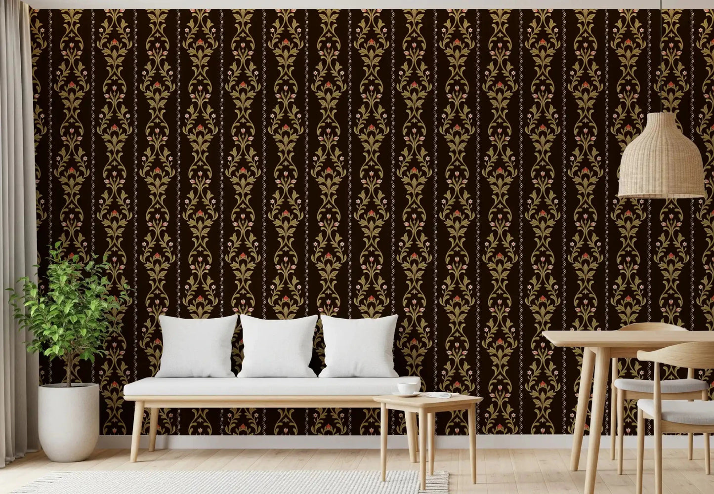Vintage Vine Wallpaper adding depth to a dining nook with slim pendant lights