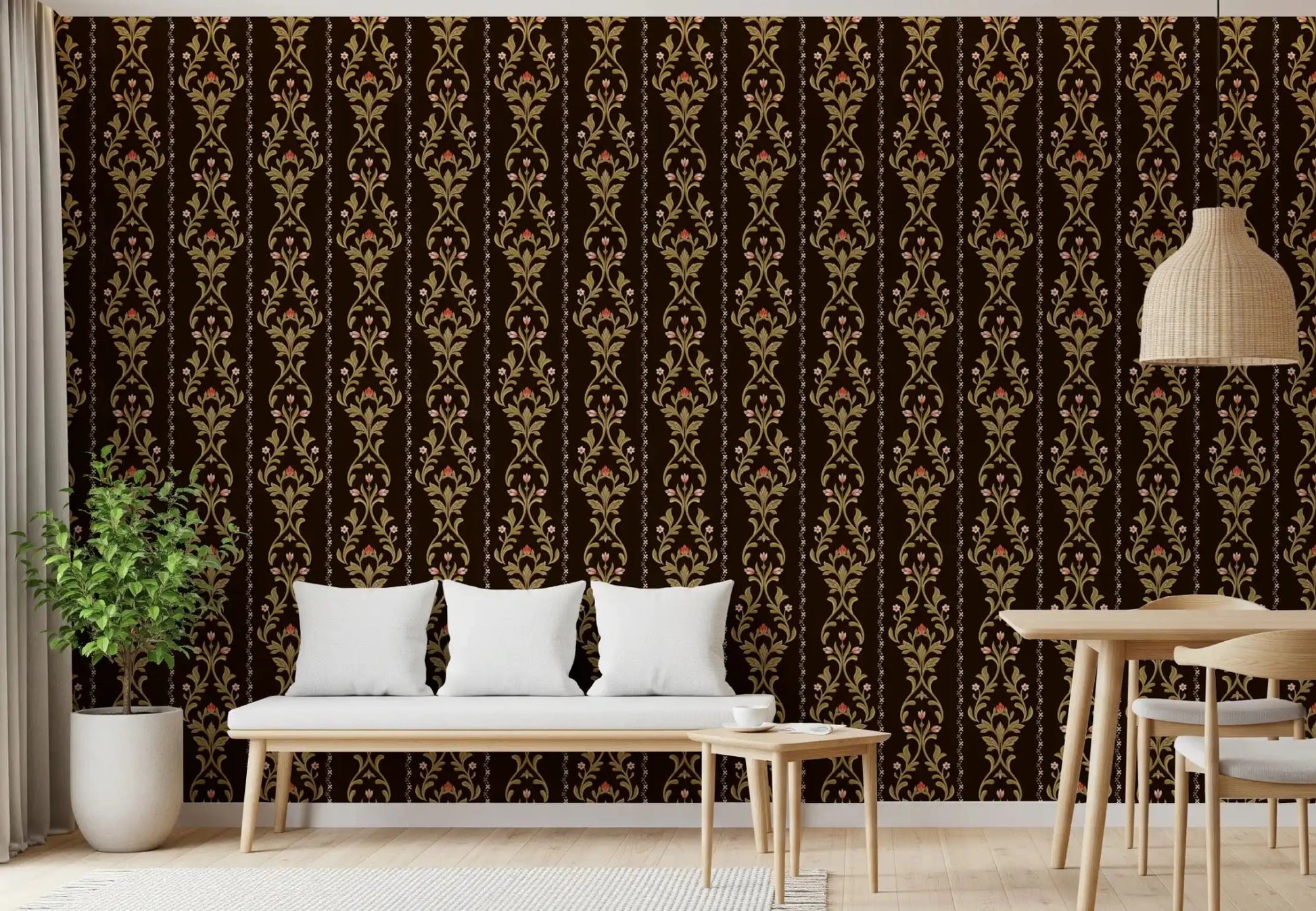 Vintage Vine Wallpaper adding depth to a dining nook with slim pendant lights