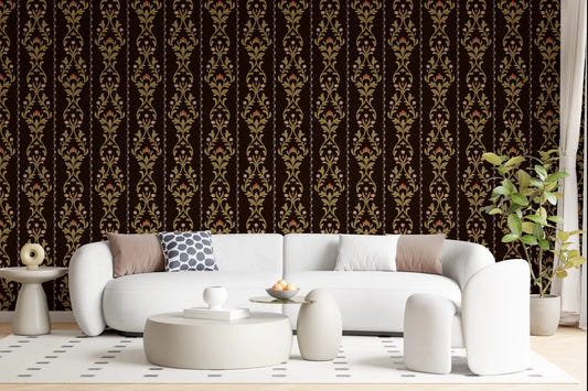 Vintage Vine Wallpaper behind a curved white sofa in a bright modern living room