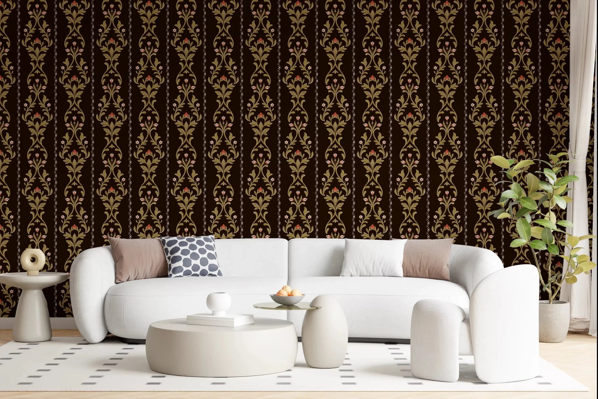 Vintage Vine Wallpaper behind a curved white sofa in a bright modern living room