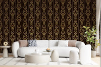 Vintage Vine Wallpaper behind a curved white sofa in a bright modern living room