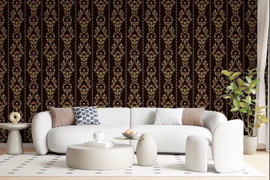 Vintage Vine Wallpaper behind a curved white sofa in a bright modern living room
