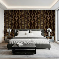 Moody bedroom styled with Vintage Vine Wallpaper above a dark upholstered bed