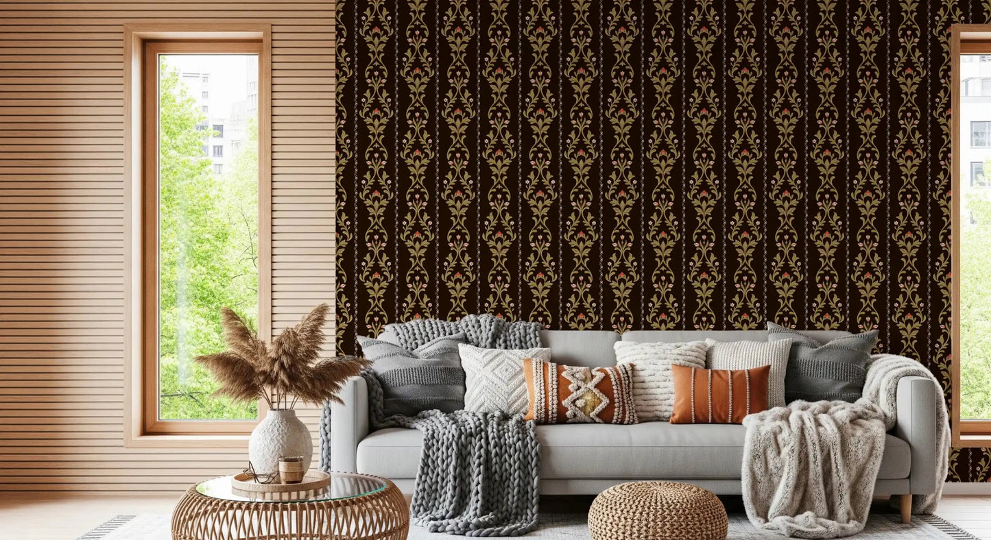 Vintage Vine Wallpaper beside a grey sofa in a softly lit lounge corner