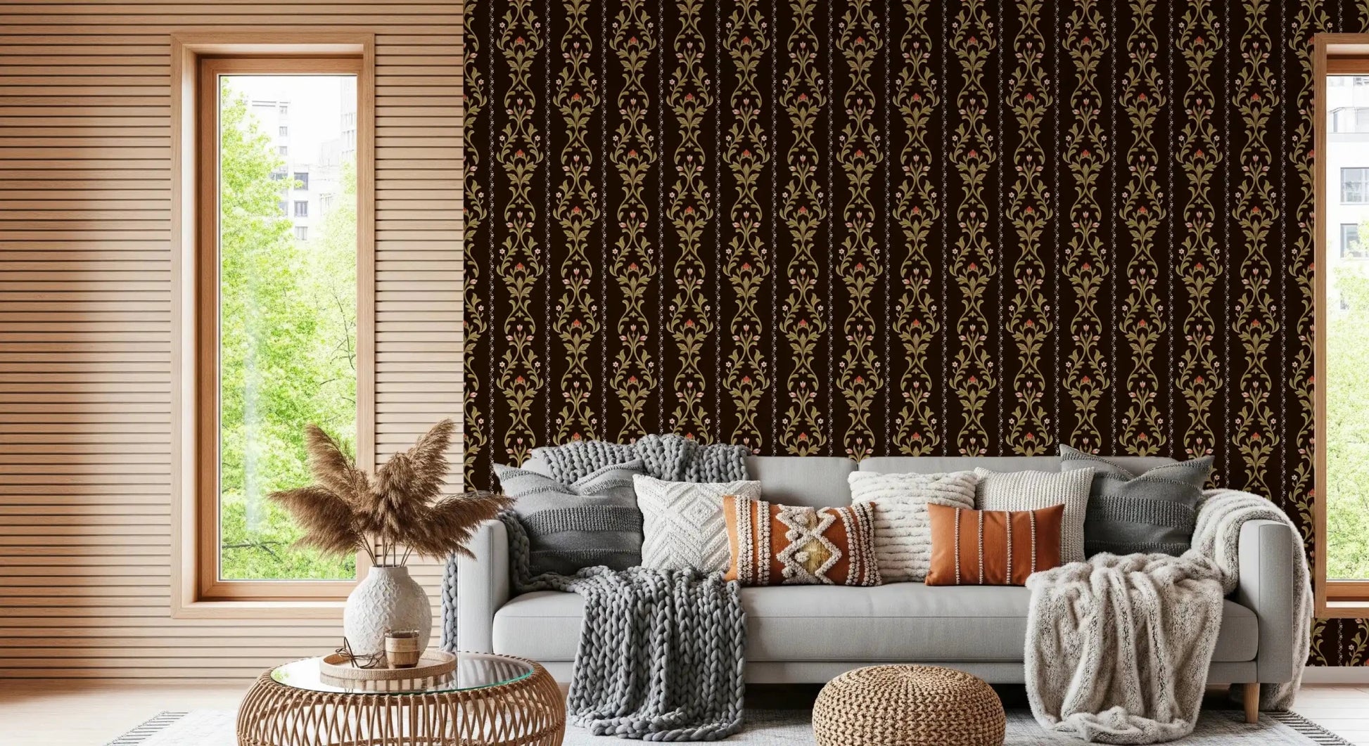 Vintage Vine Wallpaper beside a grey sofa in a softly lit lounge corner