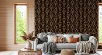 Vintage Vine Wallpaper beside a grey sofa in a softly lit lounge corner