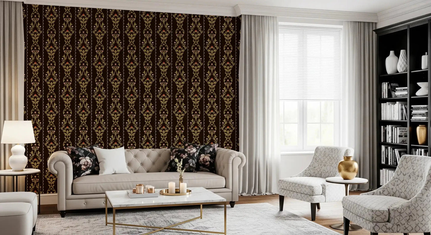 Vintage Vine Wallpaper framing a white sofa in a calm sunlit lounge