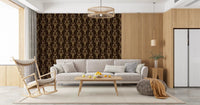 Warm wood living room layered with Vintage Vine Wallpaper behind a low bed