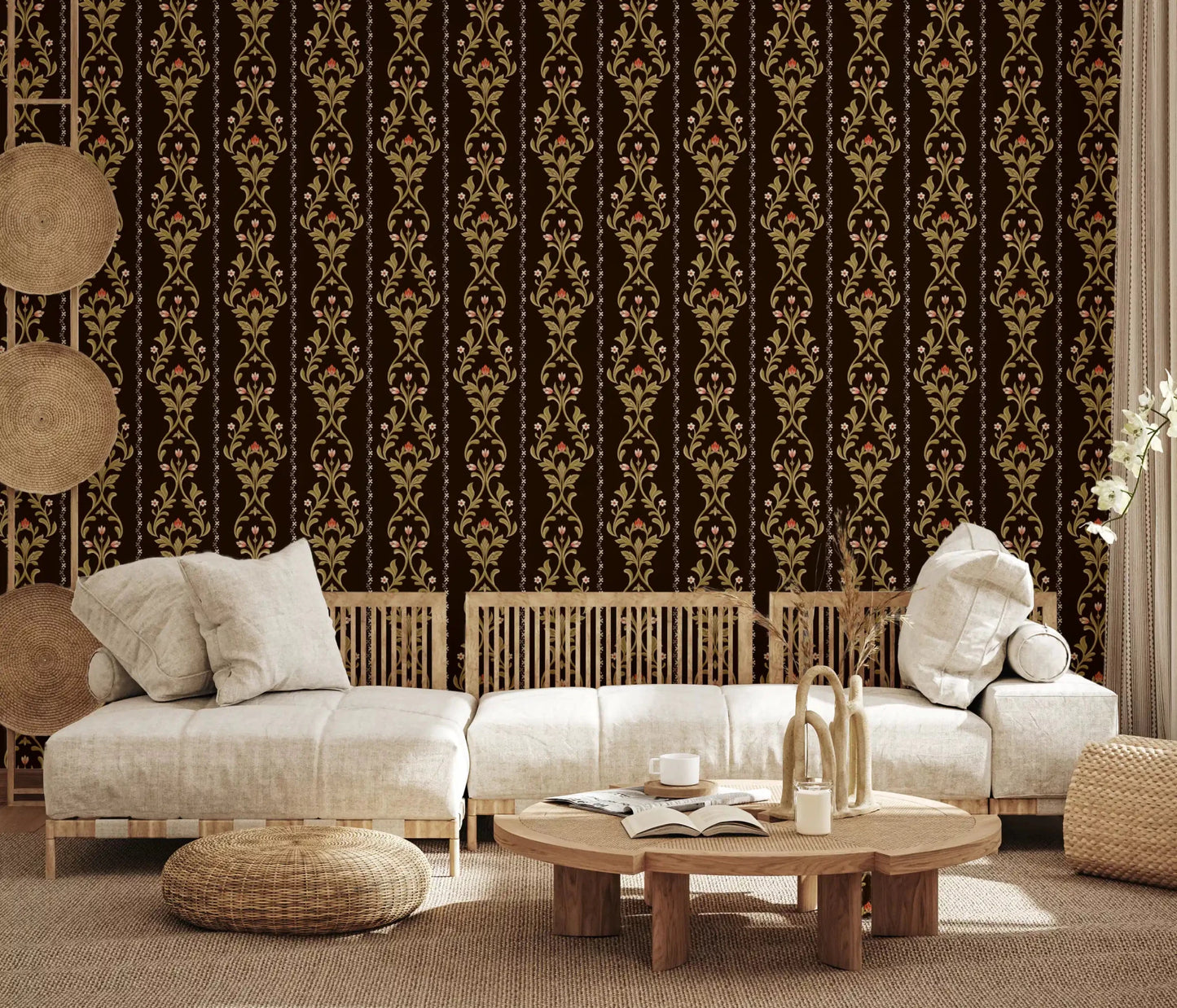 Earthy seating area anchored by Vintage Vine Wallpaper and a low Living room 