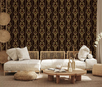 Earthy seating area anchored by Vintage Vine Wallpaper and a low Living room 