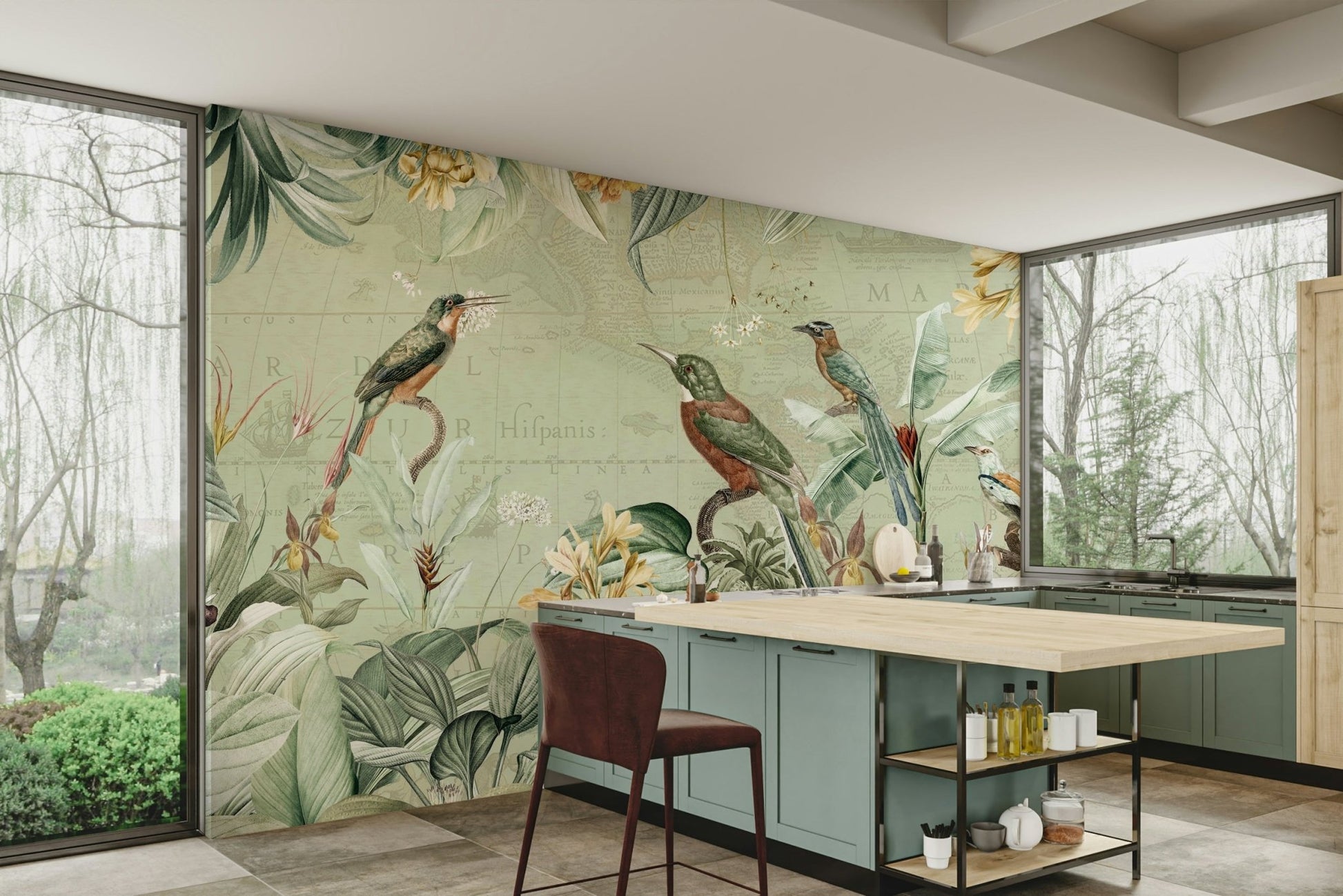 Tropical voyage mural featuring vivid flora.

