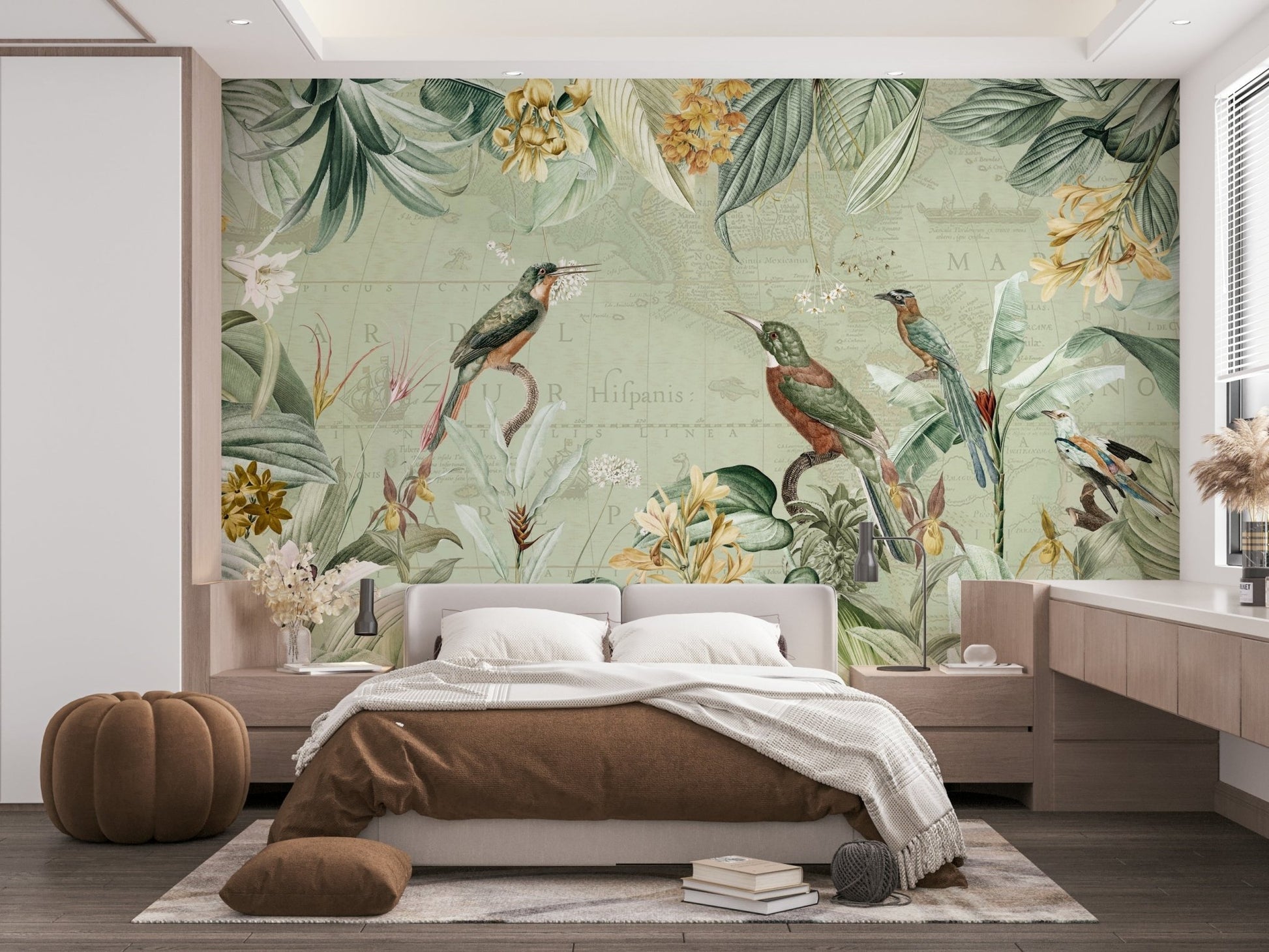 Vintage tropical mural with wild plants and trees.


