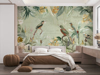 Vintage tropical mural with wild plants and trees.

