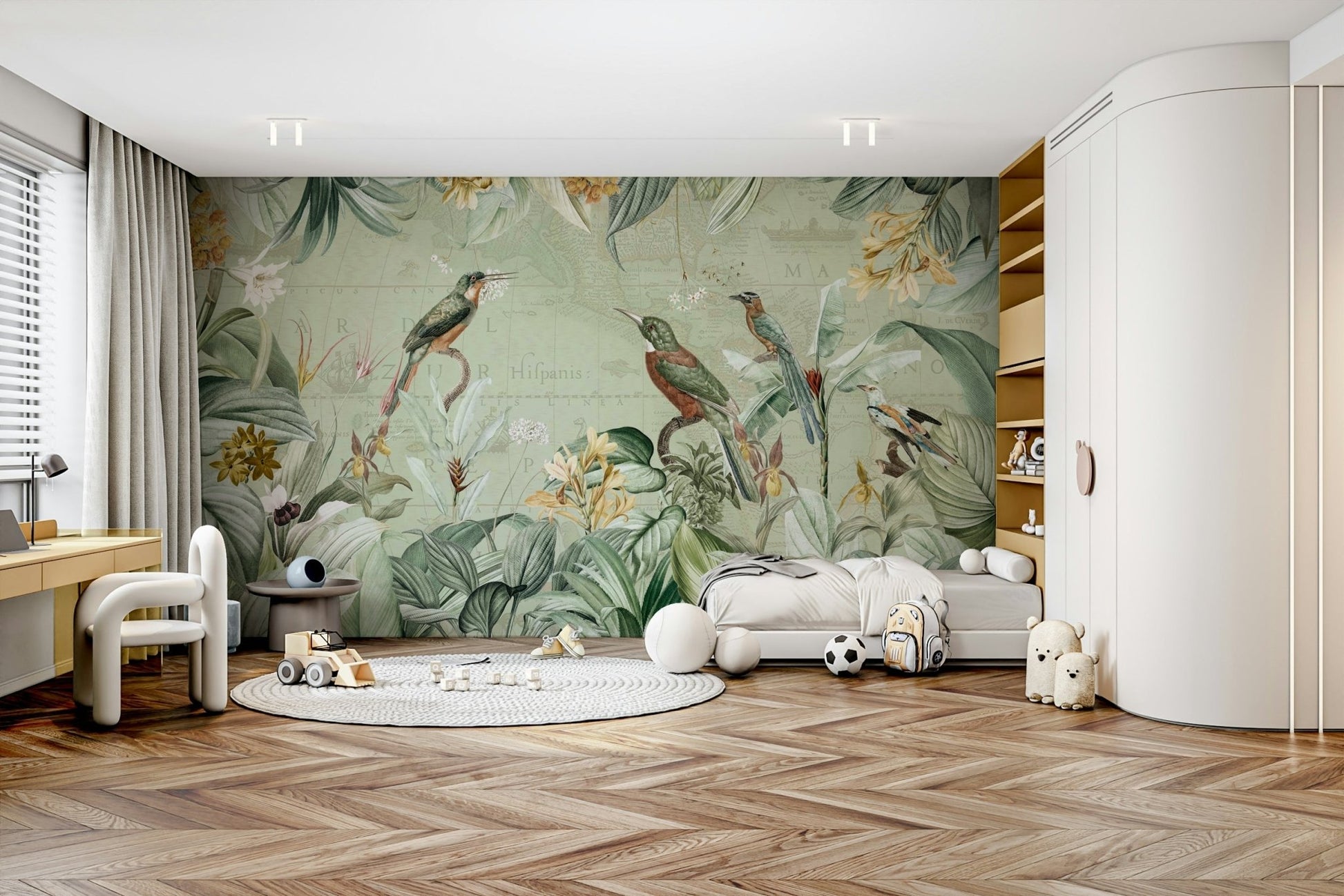 Exotic palm trees and vintage expedition wall mural.

