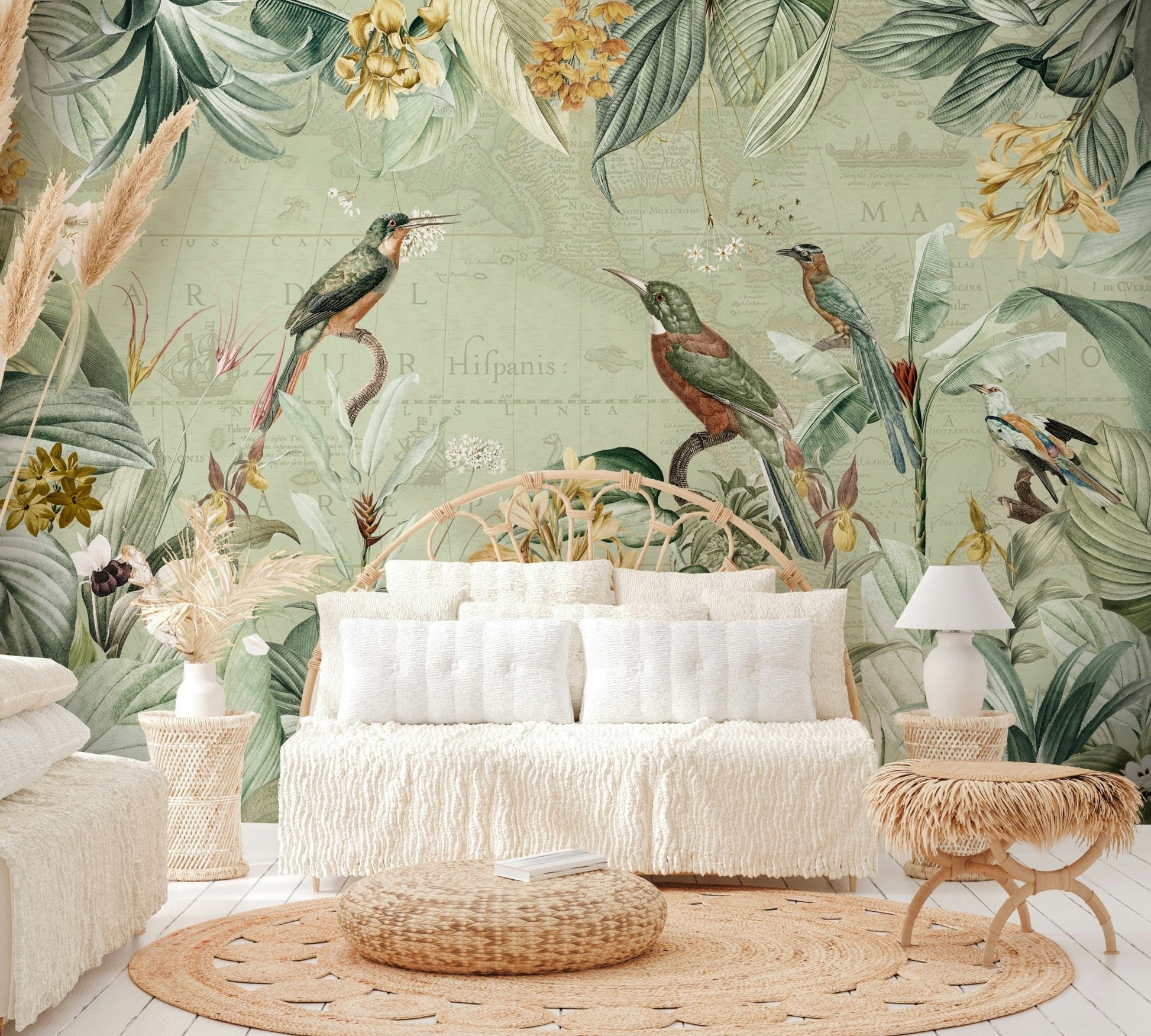 Green jungle leaves and tropical accents mural.

