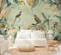 Green jungle leaves and tropical accents mural.

