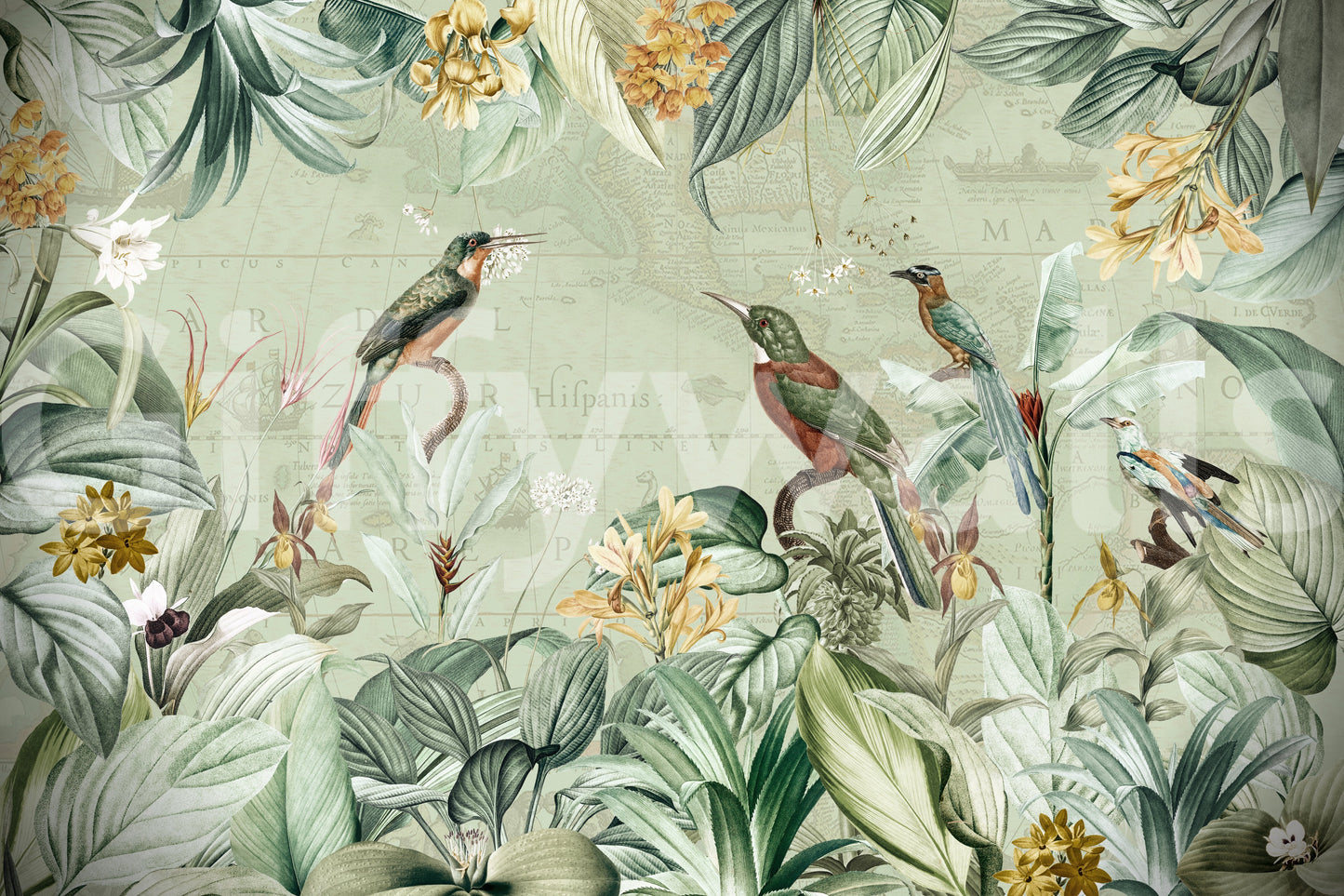 A vintage-inspired tropical escape wall mural.

