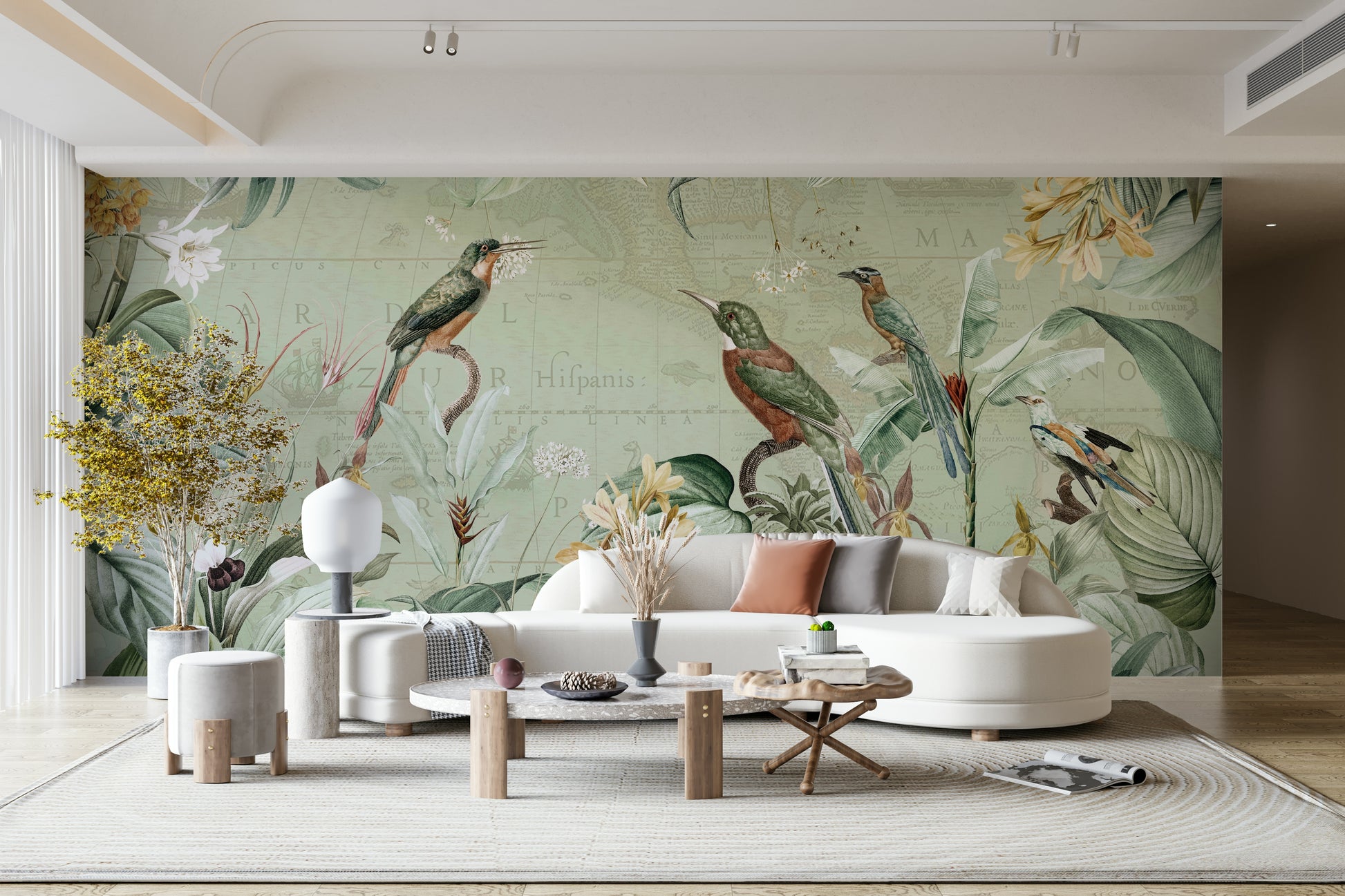 Vintage tropical mural with jungle scenery.

